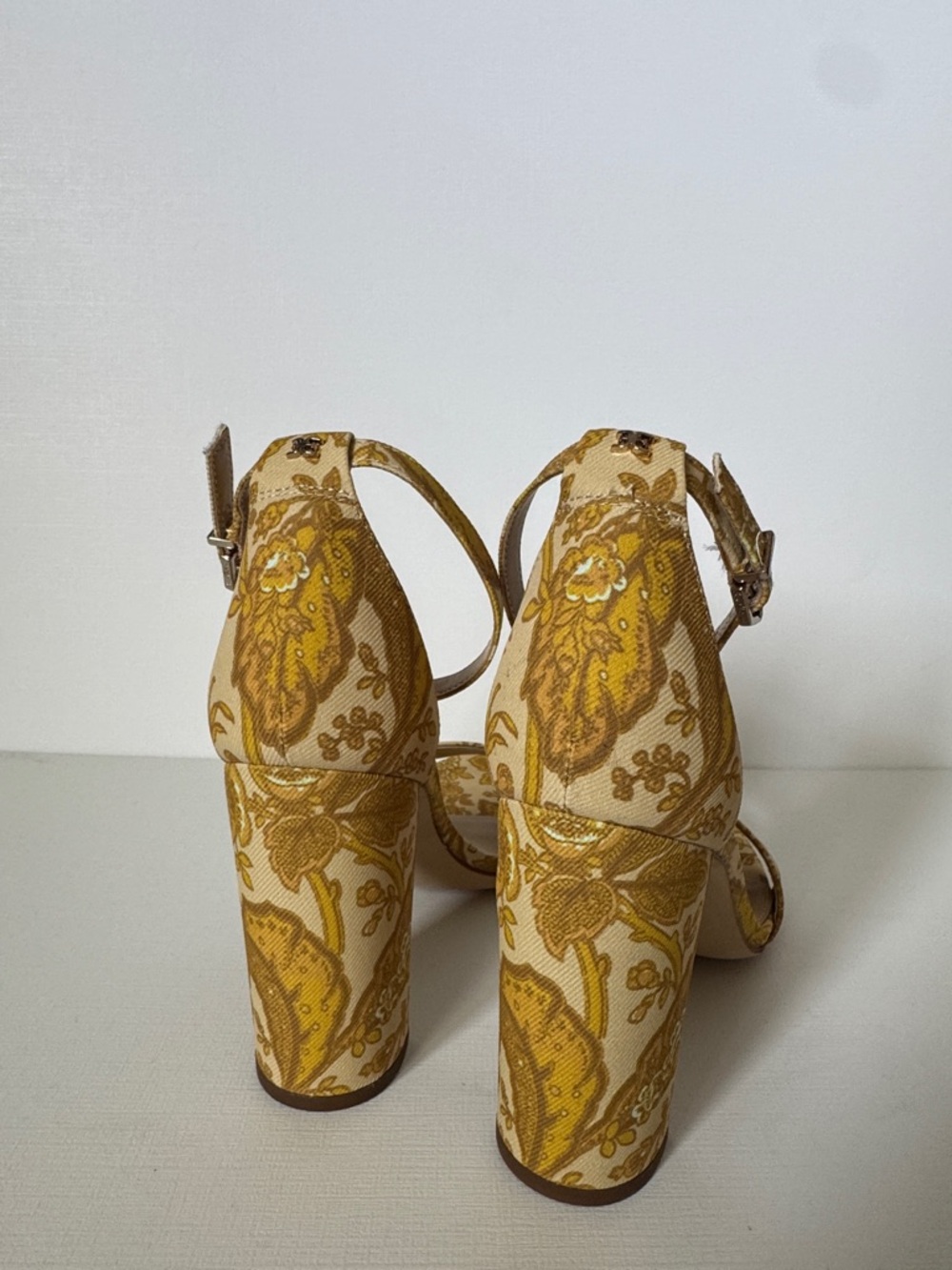 Sam Edelman Yellow Floral Jacquard Ankle-Strap Block Heels - Picture 4 of 4